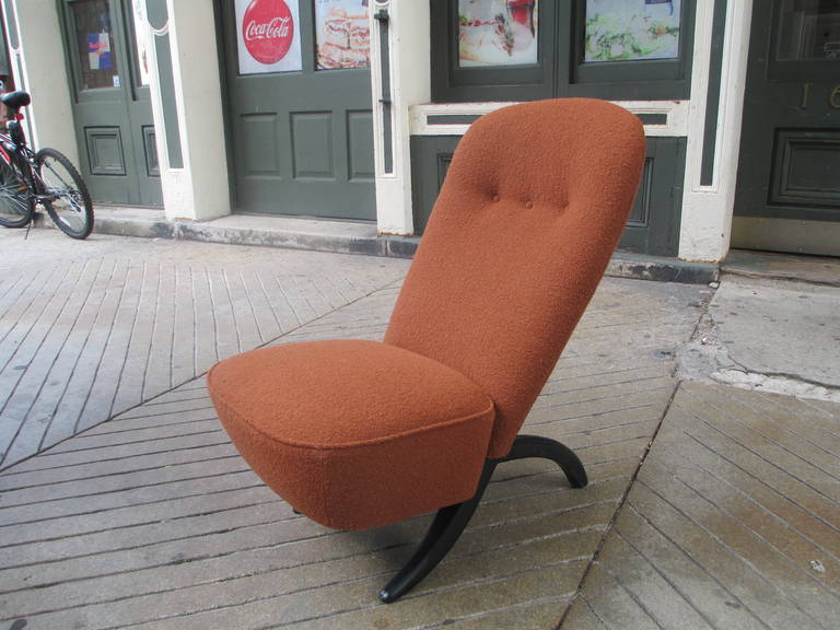 Theo Ruth Congo Chair in a Burnt Cienna Knoll Boucle just newly shipped from Europe and completely reupholstered.  Clever two part construction allows the seat to pull away from back for ease of moving!  Retains original label.