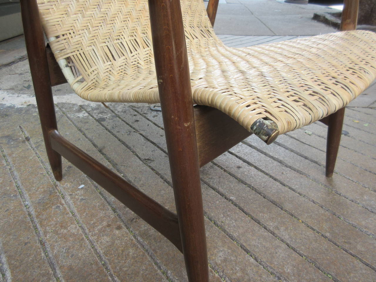 Scandinavian Modern Danish Lounge Chair in the Style of Finn Juhl with Caned Seat and Walnut Frame