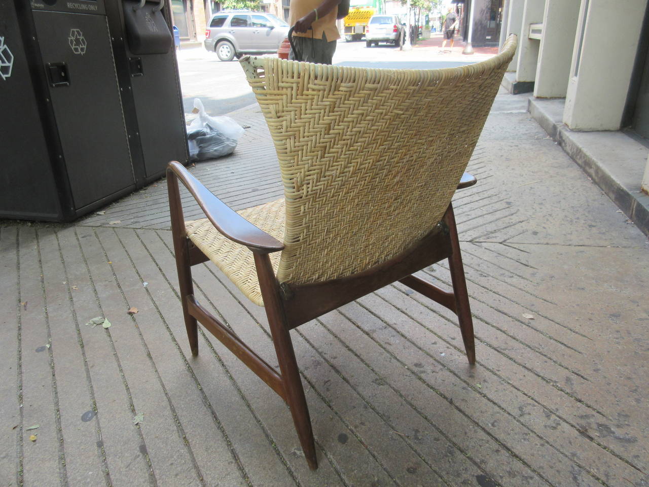 Danish Lounge Chair in the Style of Finn Juhl with Caned Seat and Walnut Frame In Excellent Condition In Philadelphia, PA