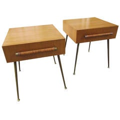 Pair of Robsjohn Gibbings Night Stands with Brass Legs and Cane Wrapped Handles