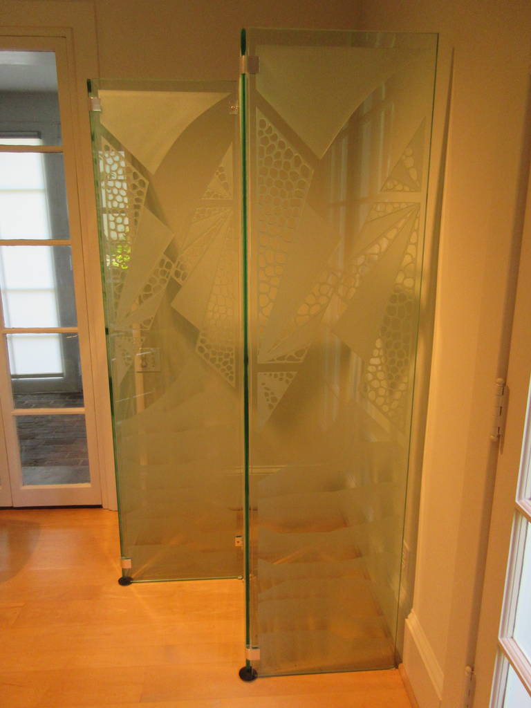 Modern Custom Acid Etched Glass Screen in Four Panels