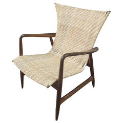 Danish Lounge Chair in the Style of Finn Juhl with Caned Seat and Walnut Frame