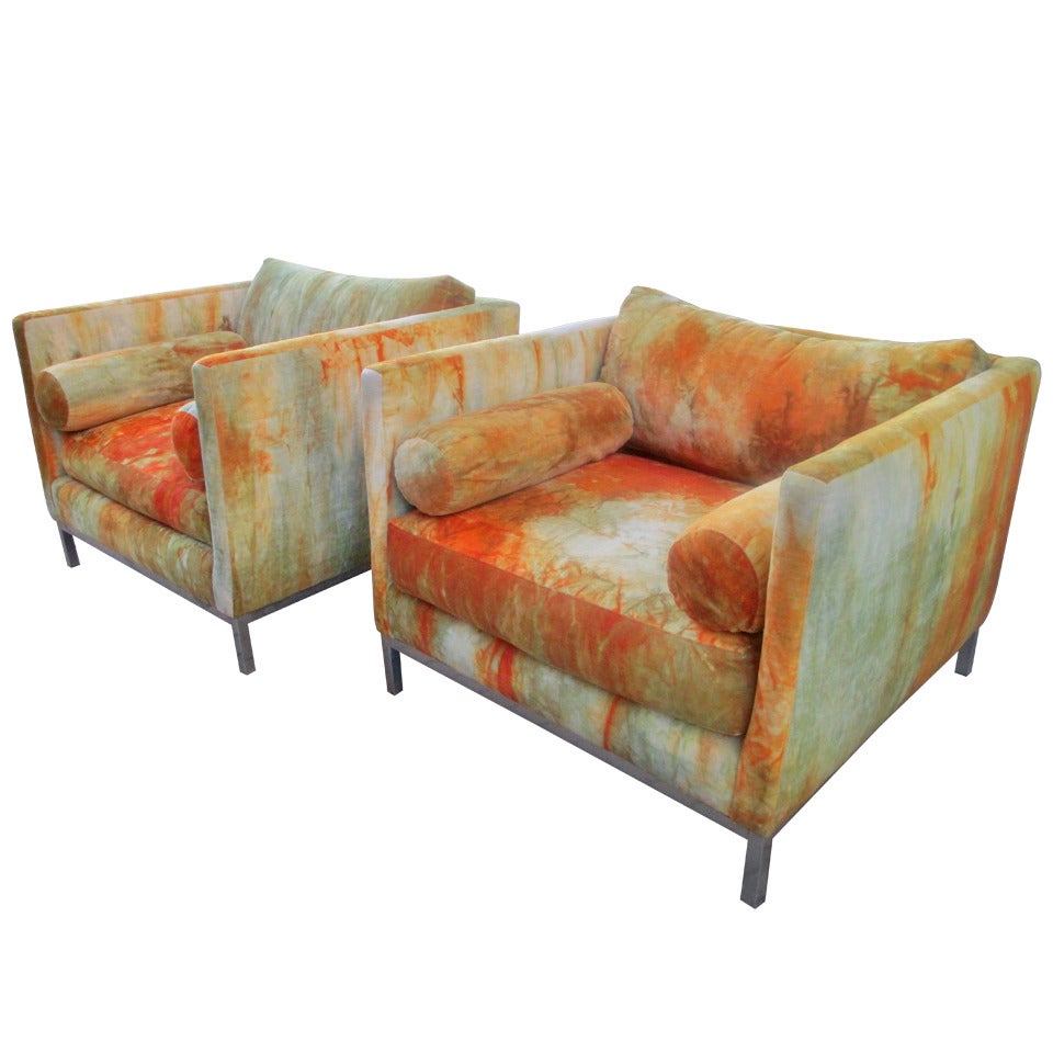 Large Club Chairs in Original Jack Lenor Larson Tie-Dyed Velvet