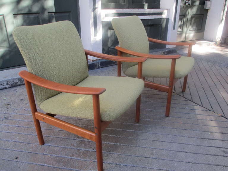 Pair teak chairs with new extra large nubb olive boucle fabric