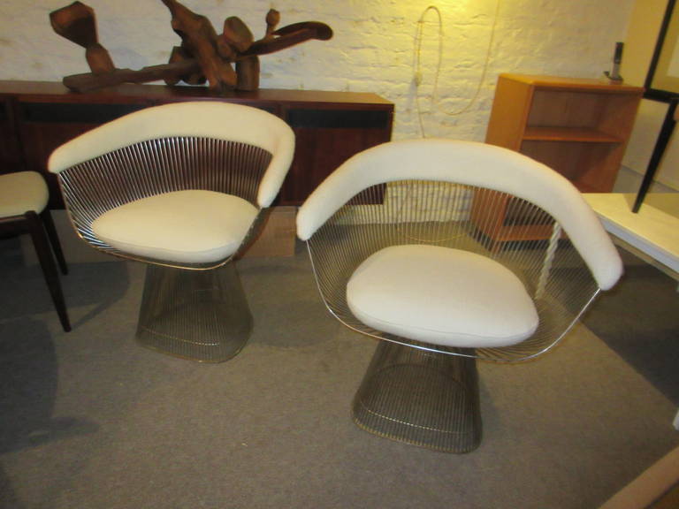 Platner nickel finish side or dining chairs in new Knoll white Cato fabric.
