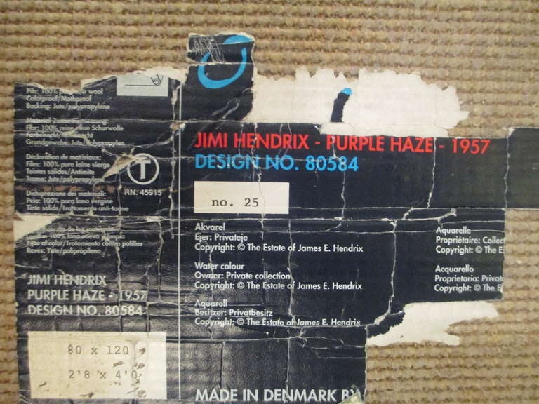 Small area rug made from a drawing by Jimi Hendrix from the Purple Haze 1957. Made in Denmark .  Retains a large portion of the label.