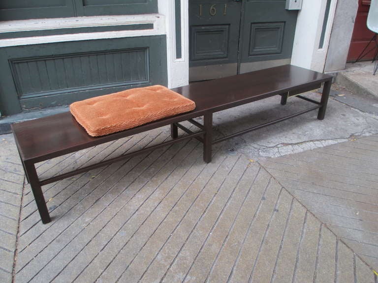 Extra long bench with cushion and drawers.  Bench can accommodate several cushions or no cushions if used as a coffee table. .  Drawer has brass accent edging.
