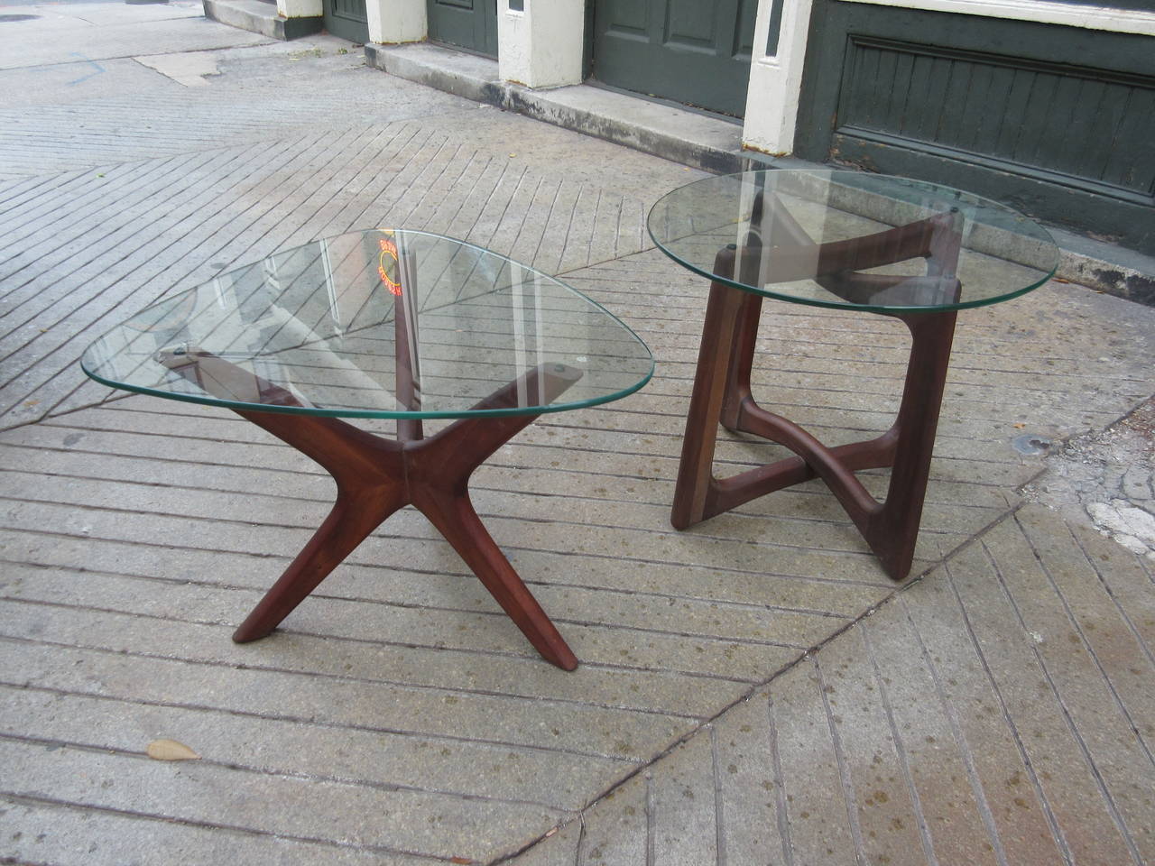 Adrian Pearsall glass topped tables. Two different models available! Triangular model measures 27