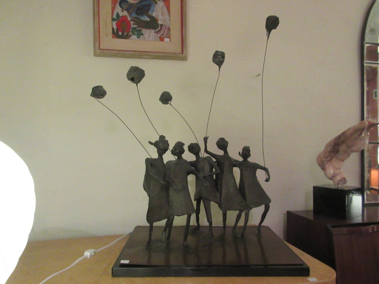 Whimsical Bronze Sculpture of Five Ladies with Balloons, Signed E Glover, 1963