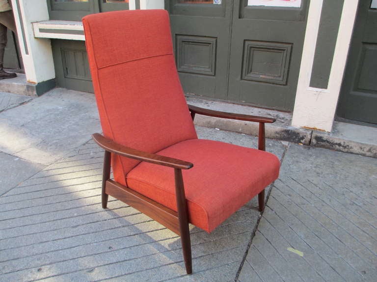 This one year old recliner from Design within Reach has the persimmon fabric and is currently $3000 on their site.  A reissue of the Baughman design by Thayer Coggin this chair is American made in High Point. There are four positions of recline. All
