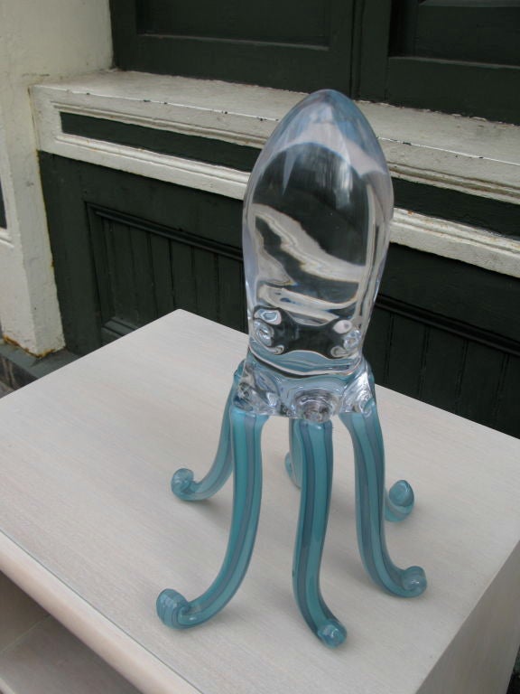 Hand-Blown Glass Octopus, Hand Blown Murano Glass with blue swirel legs.  Signed