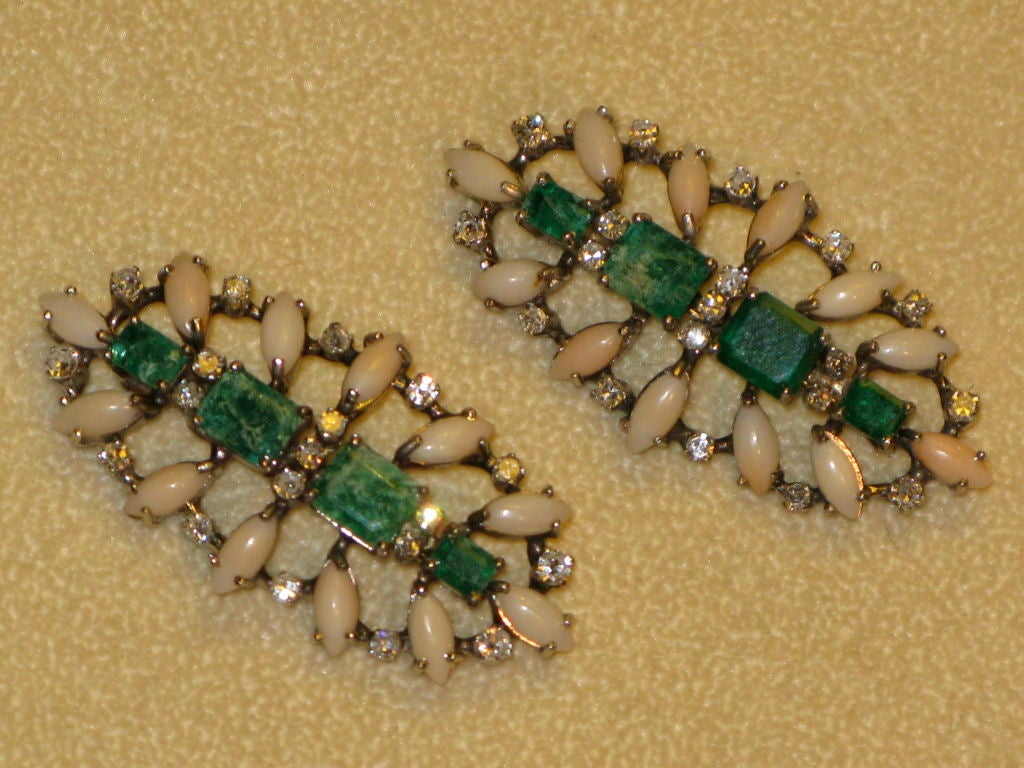 Platinum, Emerald, Diamonds, and coral pins
