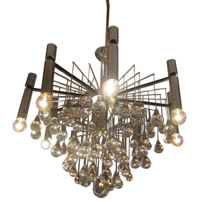 Striking 70's Italian Chrome and Glass Cyrstal Chandelier