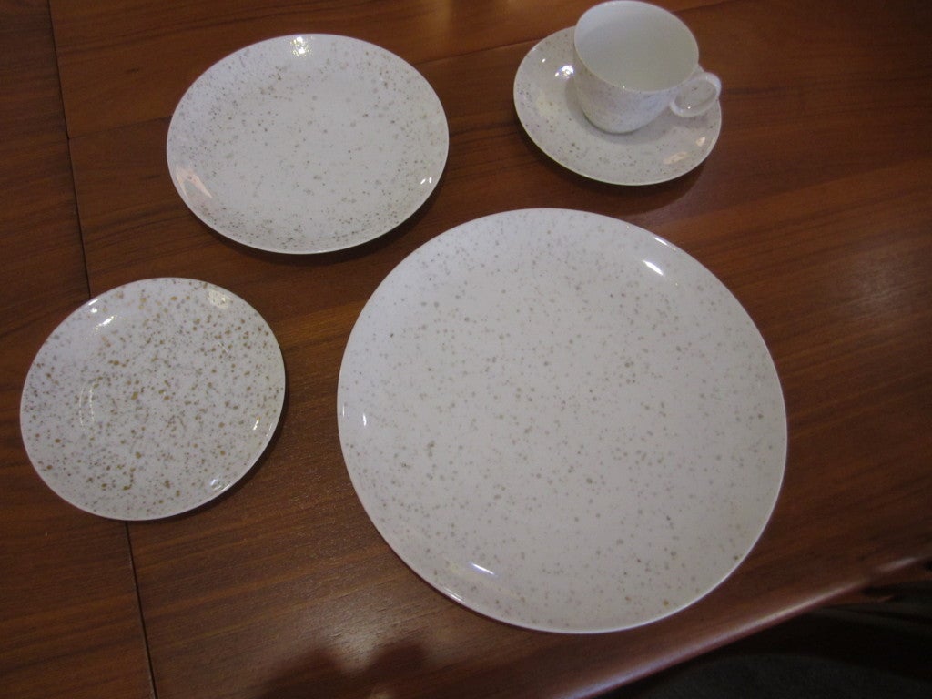 Service for 10 of 5 piece place settings splatter pattern Continental China by Raymond Loewy for Rosenthal Germany. 11 dinner plates(10.5 inches) 10 salads(7.75 inches) 10 B&Bs (6  inches) 13 cups and 15 saucers. Each piece is marked