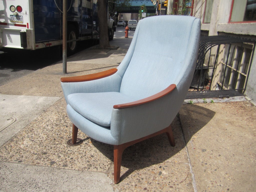 Danish lounge chair on teak frame with upholstery done over recently to match sofa (also on site)