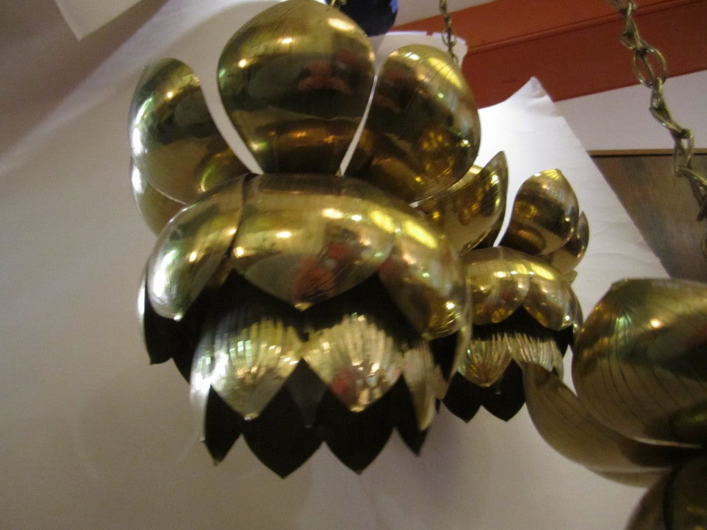 Hanging  Brass Lotus Three Pendant Chandelier by Feldman