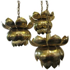 Hanging  Brass Lotus Three Pendant Chandelier by Feldman