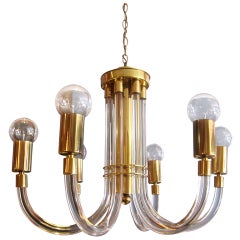 Peter Hamburger for Kovacs 1970's Lucite and Brass 6 Arm Chandelier