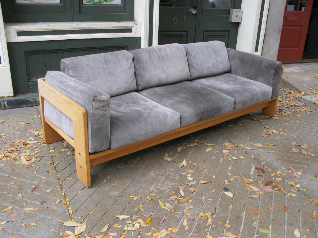 Tobia Scarpa Bastiano 3-seater Beech Sofa with gray suede leahter.   This model is dated 1974.  Leather is very clean and very presentable.