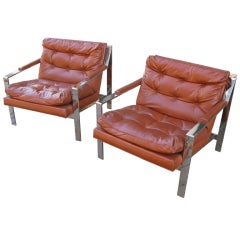 Vintage PR. Milo Baughman Flat Banded Chrome Armchairs /Thayer Coggin