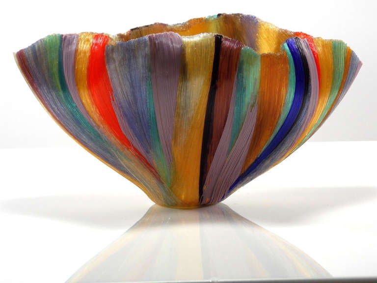 Toots Zynsky is arguably one of the most important glass artists of this generation.
The Vessel is a superior example, incorporating a rainbow of colors 
over a golden glass thread base.
Provenance:gift of the artist to Laura Venini Hillyer