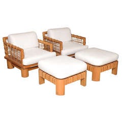 Karl Springer Dowelwood Armchairs and Ottomans