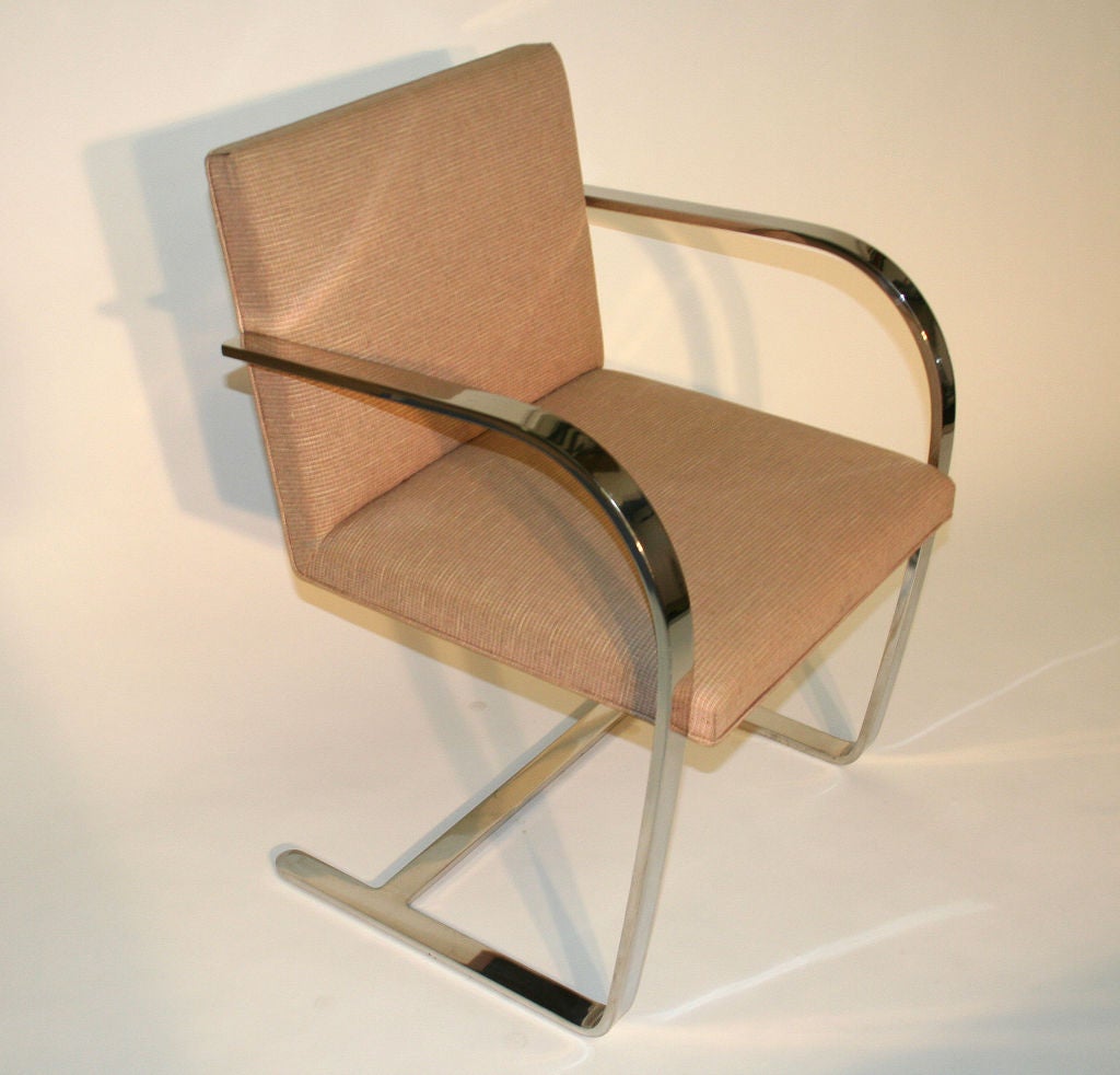 Set of Six Bruno Chrome and Upholstered Arm Chairs,<br />
designed by Mies Van der Rohe manufactured by Knoll,Knoll paper label