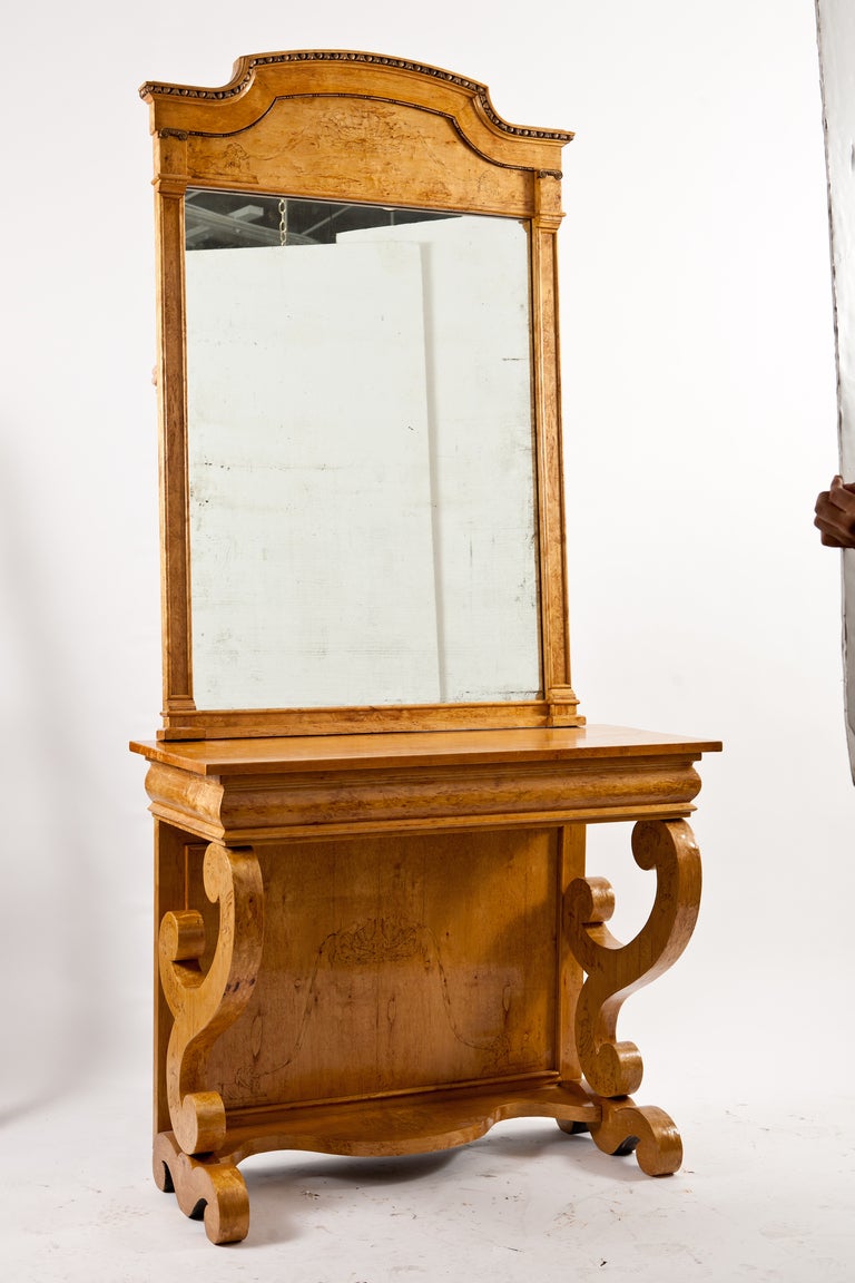 Rare Russian Biedermeier Neoclassical Birchwood Console With Mirror