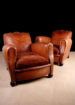 Pair of French Art Deco Period Scalloped Back Leather Club Chairs