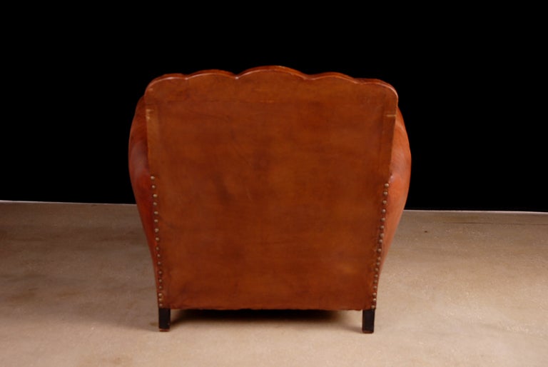 20th Century Pair of French Art Deco Period Scalloped Back Leather Club Chairs