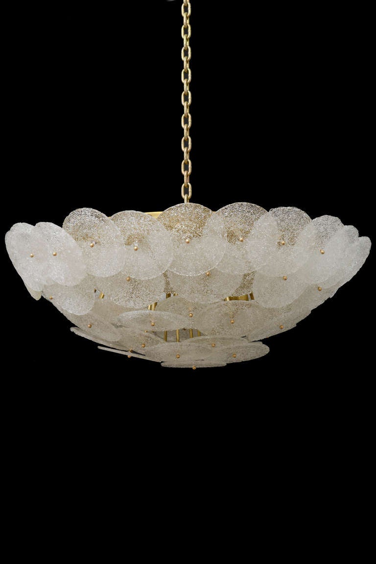 Pair of Italian design textured glass disk flush mount light fixture. Rewired for US use.