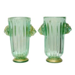 Pair of Murano Art Glass Vases with Lion Heads Signed Pino Signoretto