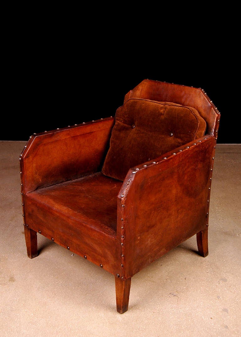 Pair of French Vintage Art Deco Period Leather Club Chairs