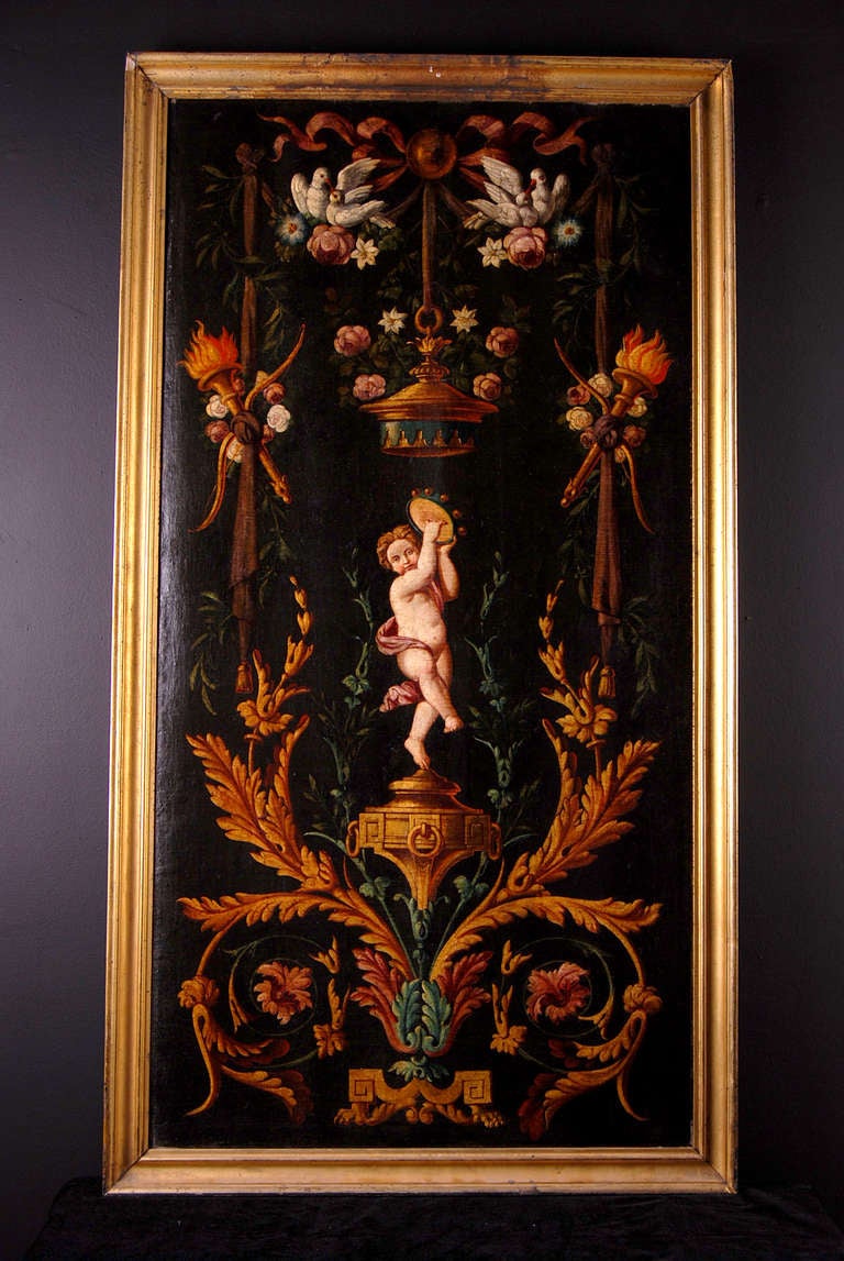 Beautifully painted on canvas, French neoclassical painted decor in the Raphaelesque grotesque manner which was revived at the end of the 18th century, beginning with Fountainebleau in the 1780s. One putto plays a tamborine while doves fly overhead.