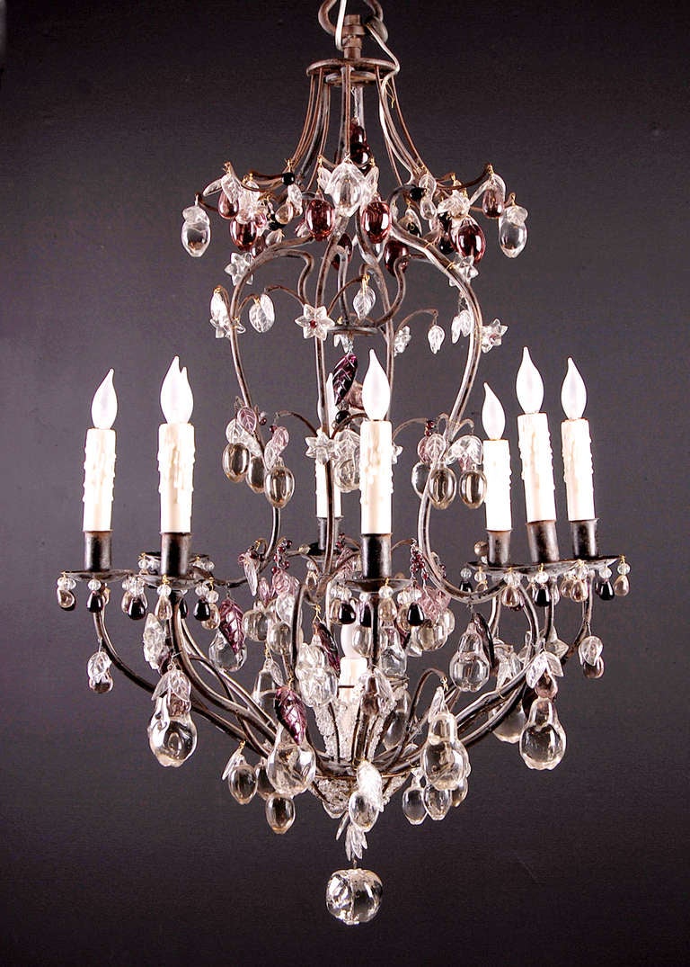 French Antique Iron Chandelier with Clear and Amethyst Fruit Crystals
