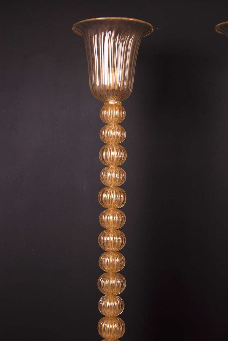 Late 20th Century Pair of Italian Design Murano Glass Torchieres or Floor Lamps For Sale