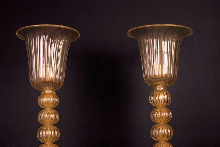 Pair of Italian Design Murano Glass Torchieres or Floor Lamps In Excellent Condition For Sale In Coral Gables, FL