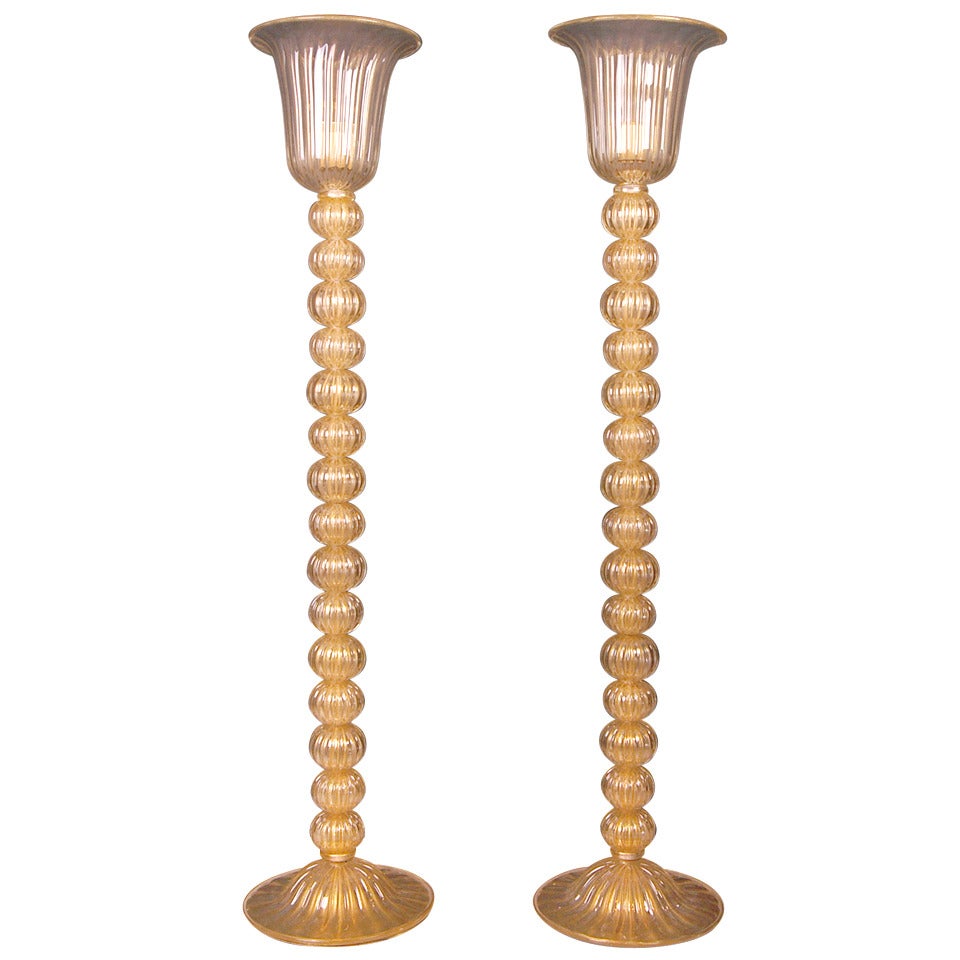 Pair of Italian Design Murano Glass Torchieres or Floor Lamps For Sale