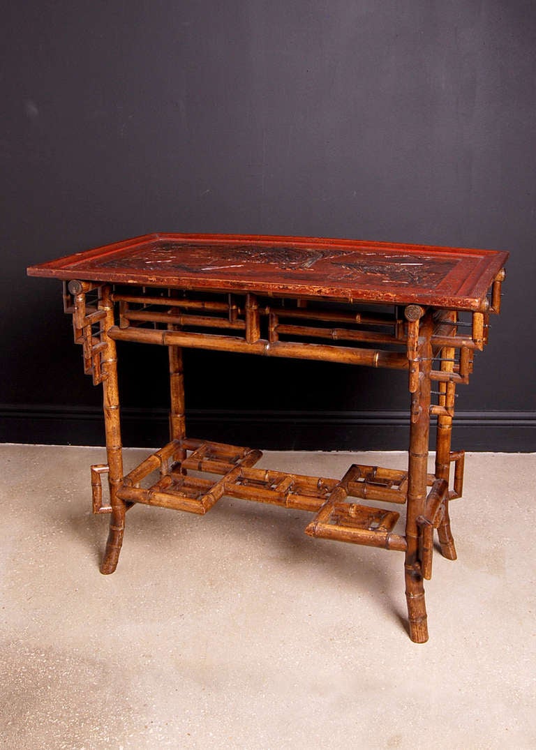 French Antique Chinoiserie Bamboo Table with Lacquered Top In Good Condition For Sale In Coral Gables, FL