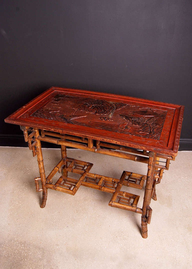 20th Century French Antique Chinoiserie Bamboo Table with Lacquered Top For Sale
