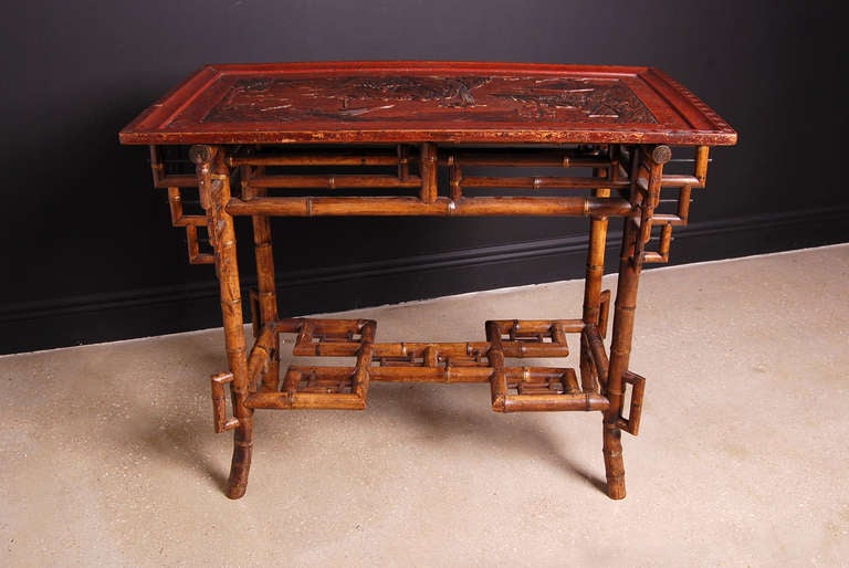 French Antique Chinoiserie Bamboo Table with Lacquered Top For Sale 4