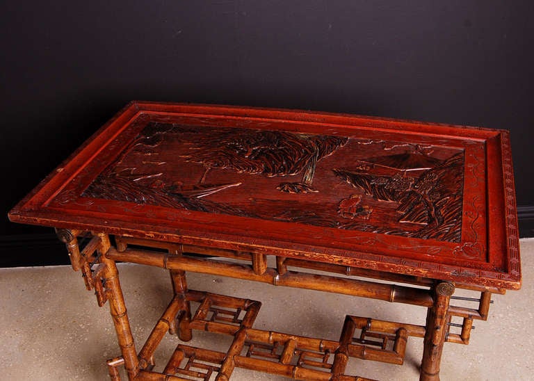 French Antique Chinoiserie Bamboo Table with Lacquered Top For Sale 3