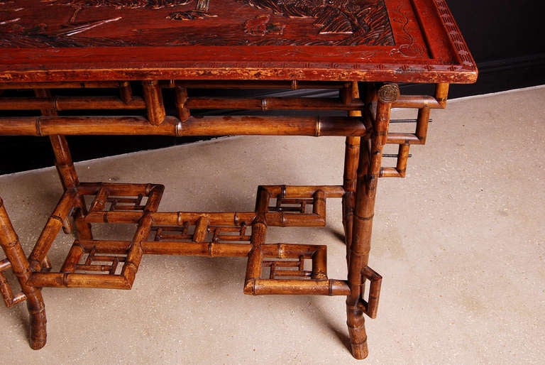 French Antique Chinoiserie Bamboo Table with Lacquered Top For Sale 1