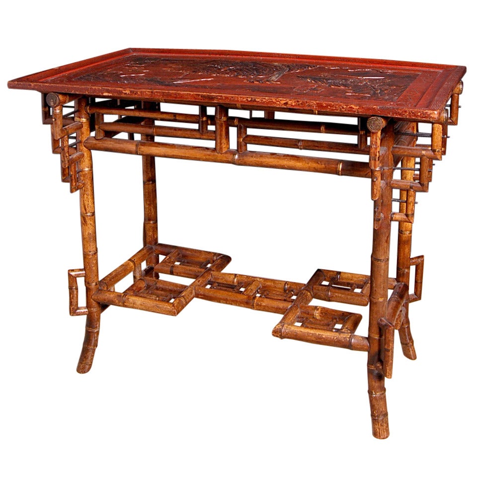 French Antique Chinoiserie Bamboo Table with Lacquered Top For Sale