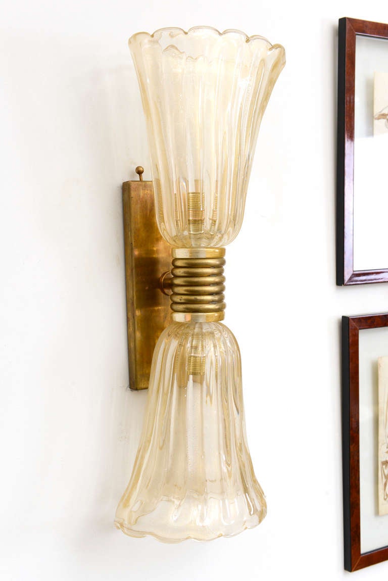 Pair Of Murano Gold Leaf Glass Sconces Attributed To Barovier & Toso