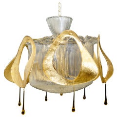 Vintage Rare Italian Design Glass Light Fixtures with Goldleaf Rings