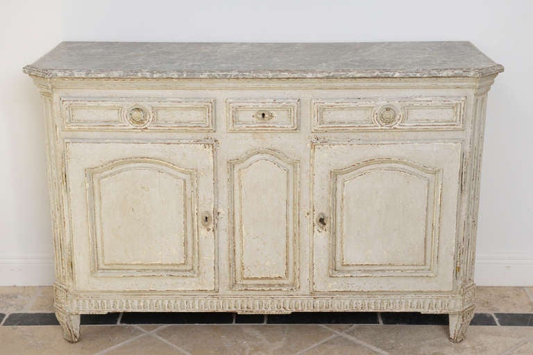 French Antique Painted Two-door Buffet with Faux Marble Painted Top