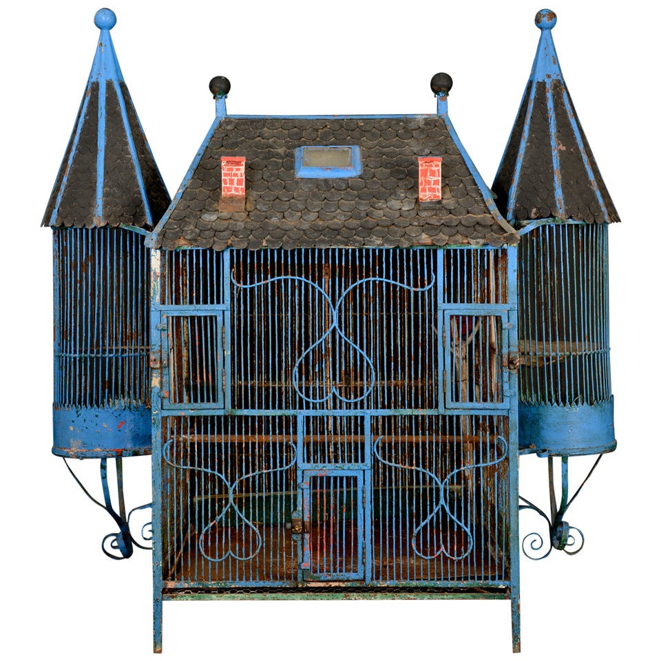 Charming French Antique Chateau Painted Iron Birdcage For Sale