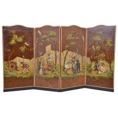 Belgian Antique Four-Panel Painted Leather Screen With Circus Monkey Scenes