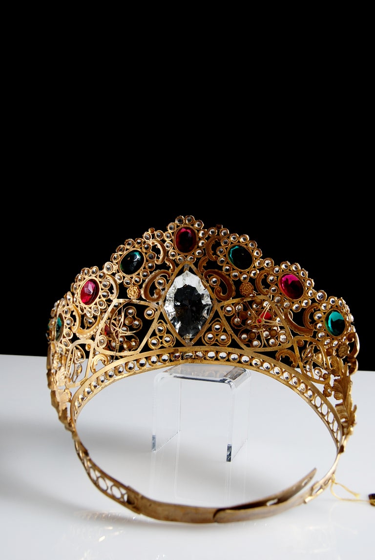 19th Century Gilt Brass Repousse Tiara with Colored Facet Cut Glass Jewels In Excellent Condition In Coral Gables, FL